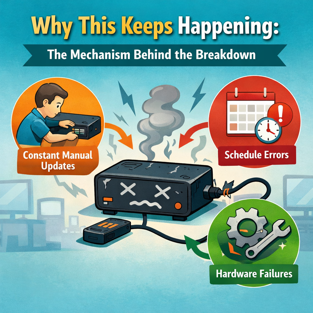 Digital signage workflow failure diagram showing three common causes: constant manual updates via USB drive, schedule errors with conflicting timings, and hardware failures on display devices - illustrating why screen updates fail structurally